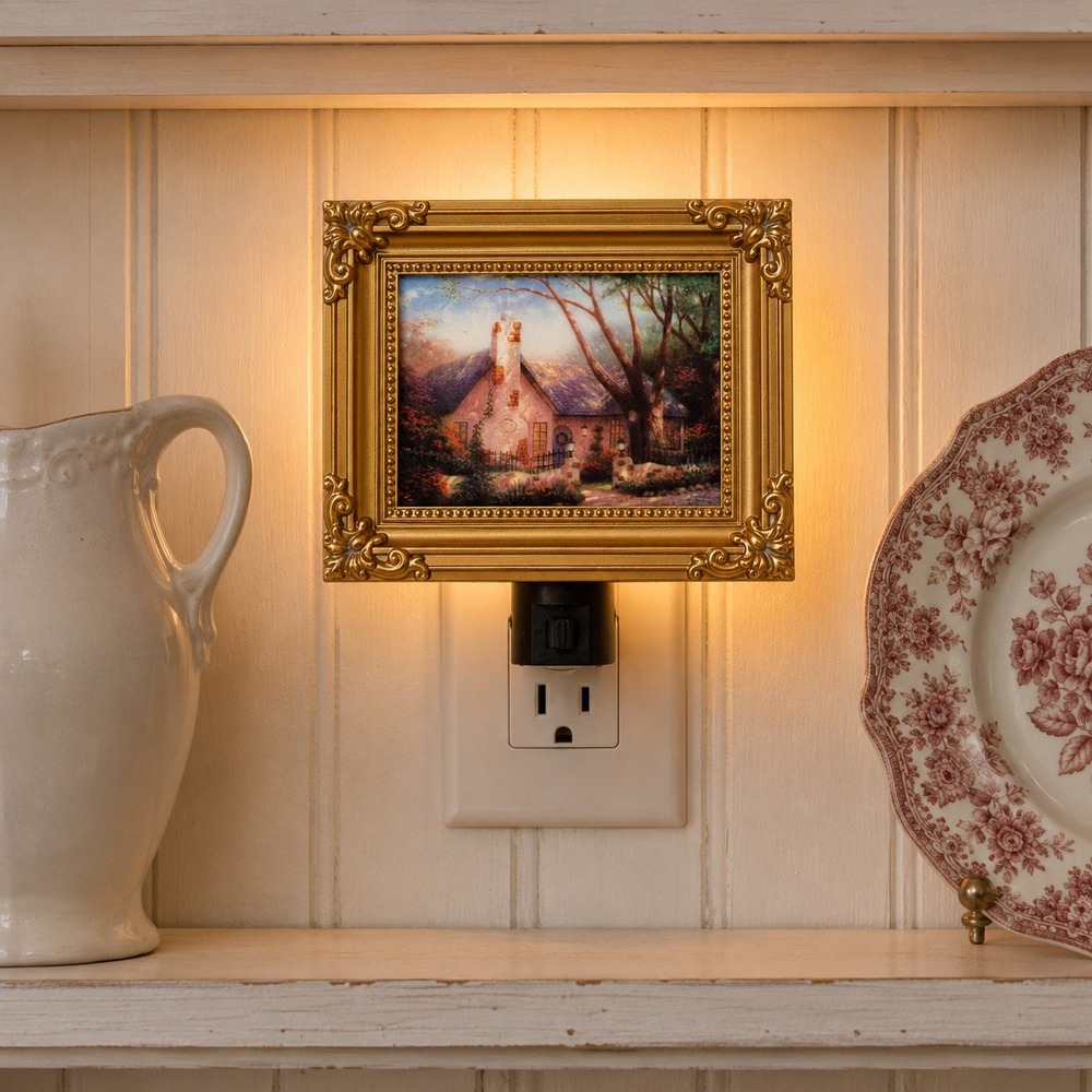 Thomas Kinkade Cottage Night Light Gold Ornate Framed Plug In Wall Decor